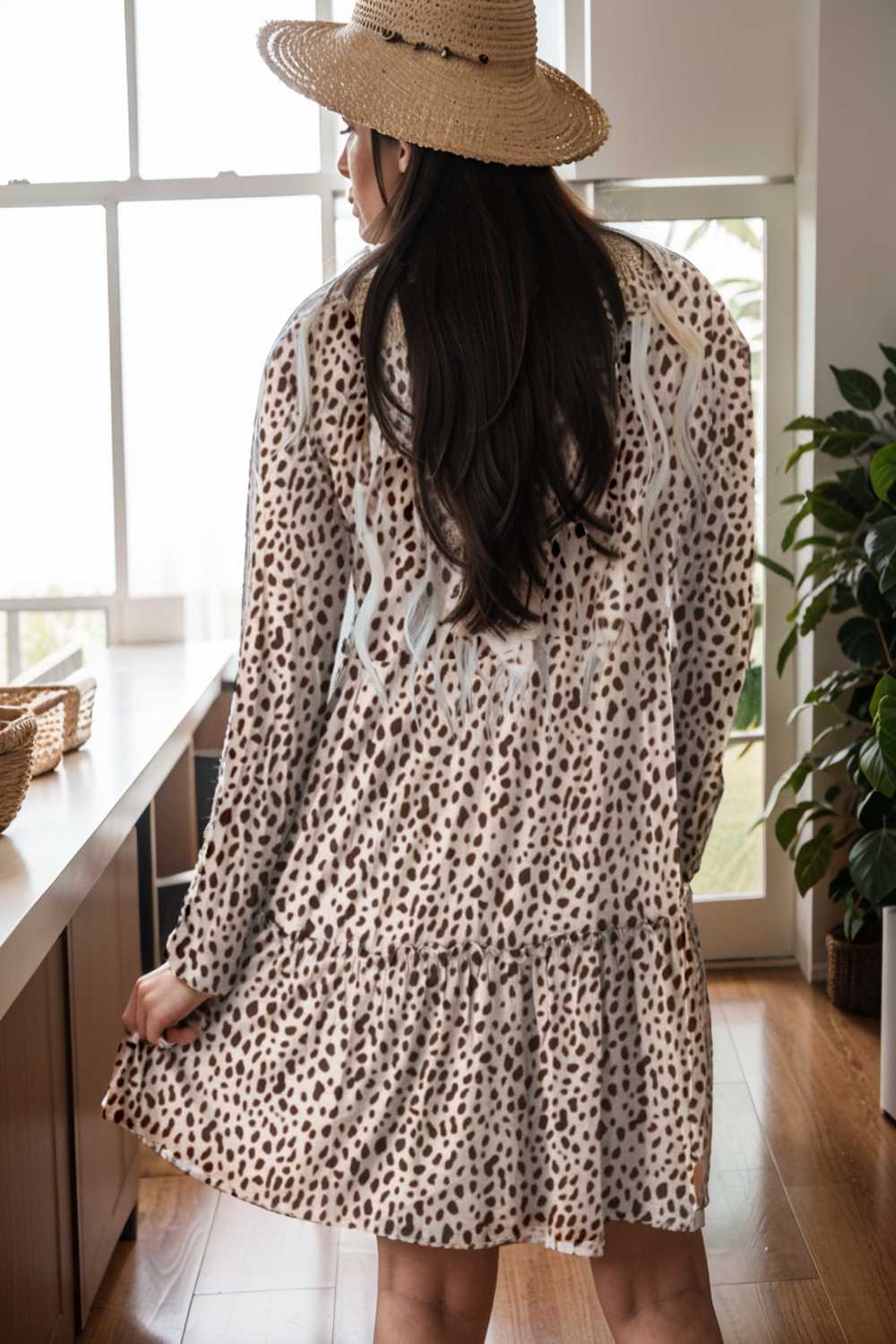 loose leopard print v neck dress drop shoulder a line closed cape paneled 141713