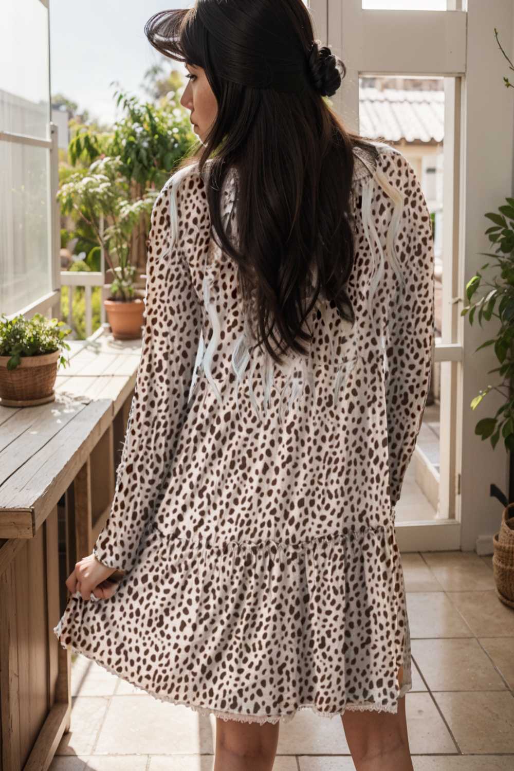 loose leopard print v neck dress drop shoulder a line closed cape paneled 127465