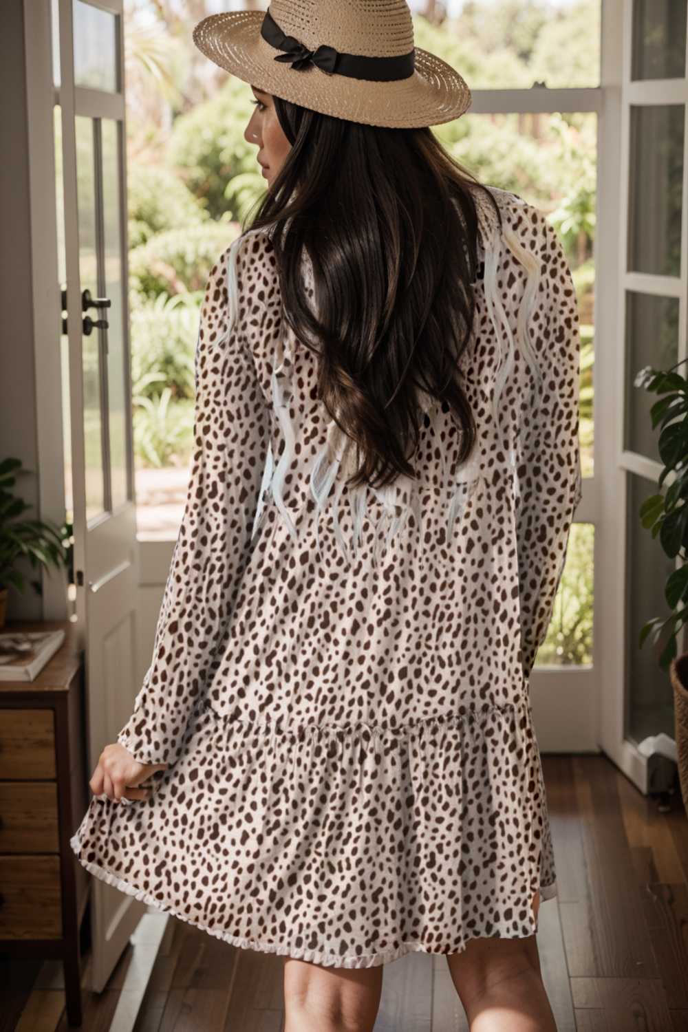loose leopard print v neck dress drop shoulder a line closed cape paneled 126205