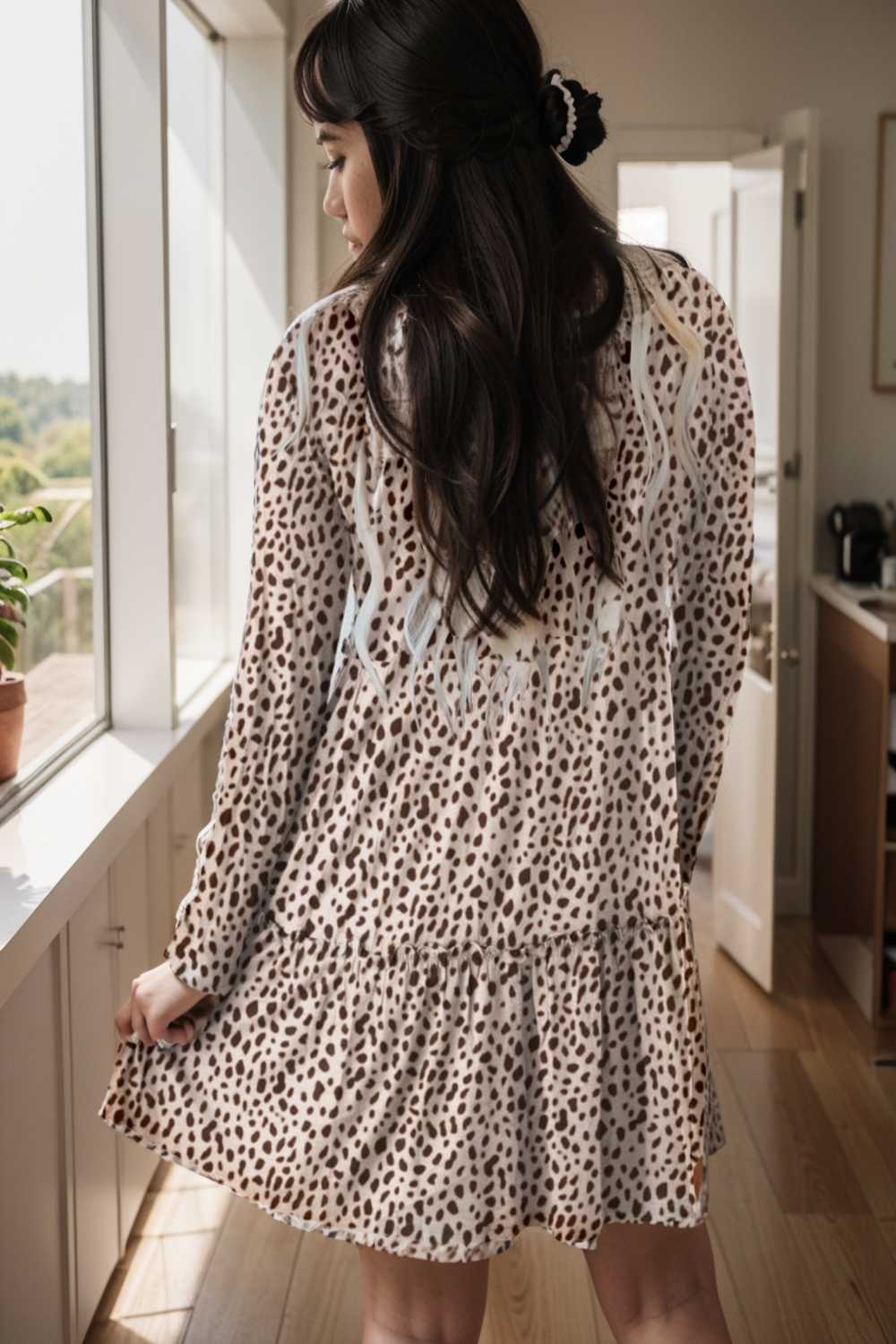 loose leopard print v neck dress drop shoulder a line closed cape paneled 126204