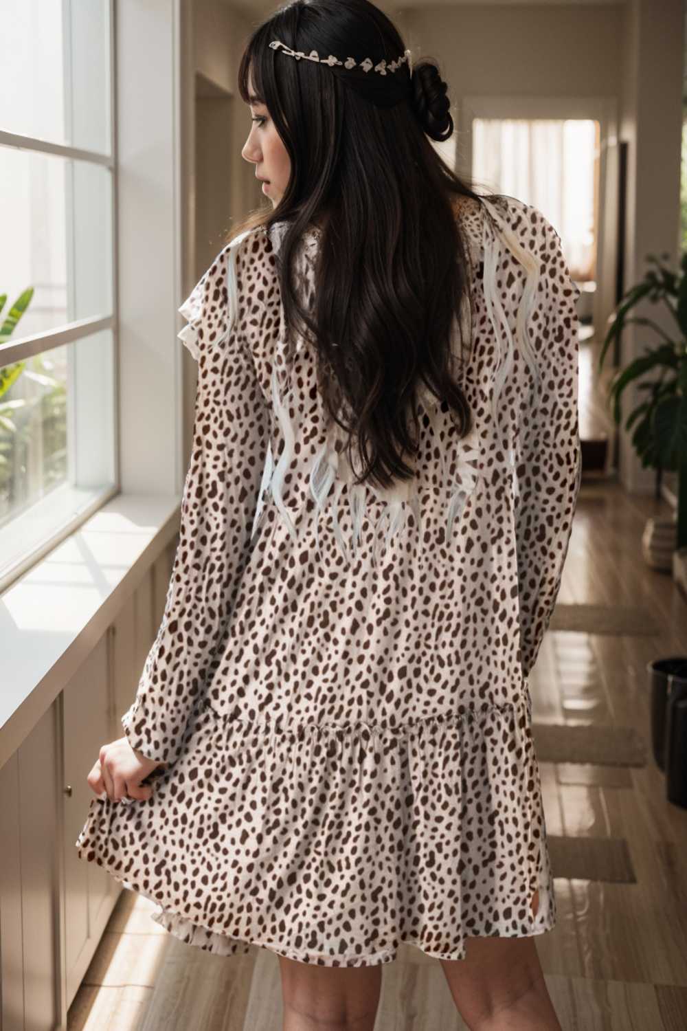 loose leopard print v neck dress drop shoulder a line closed cape paneled 126203