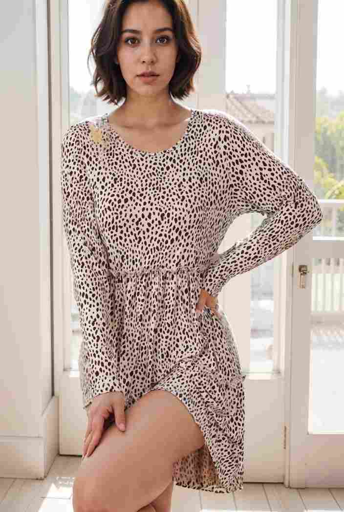 loose leopard print v neck dress drop shoulder a line closed cape paneled 131183