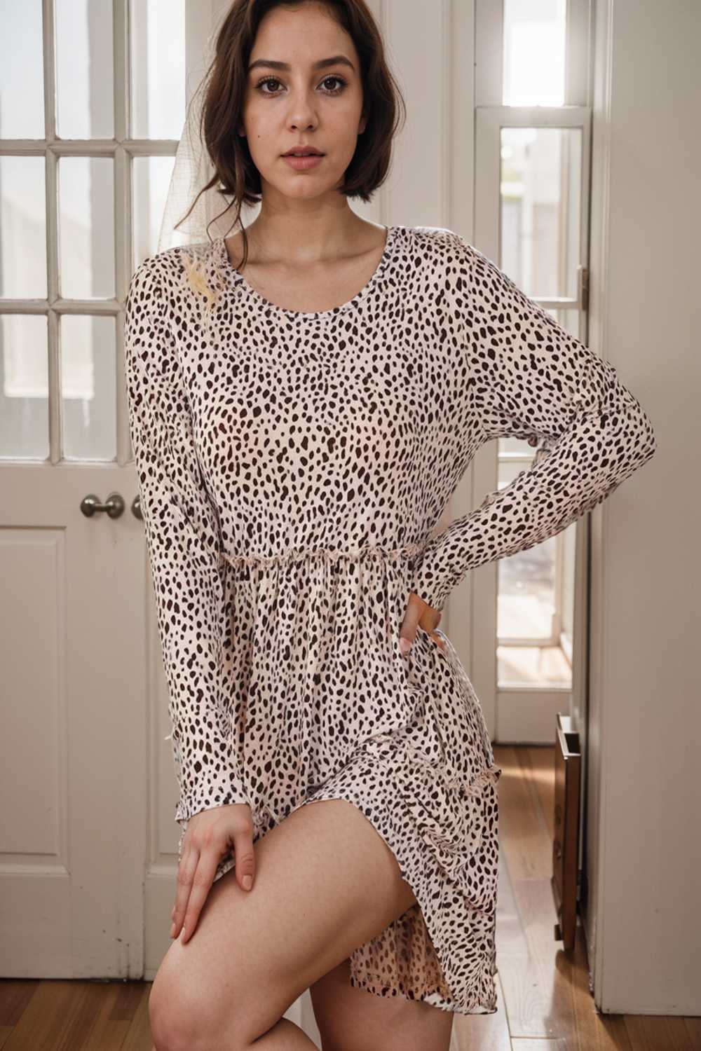loose leopard print v neck dress drop shoulder a line closed cape paneled 129660