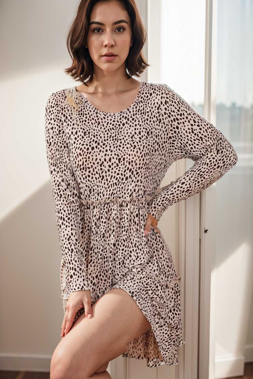 loose leopard print v neck dress drop shoulder a line closed cape paneled 108181