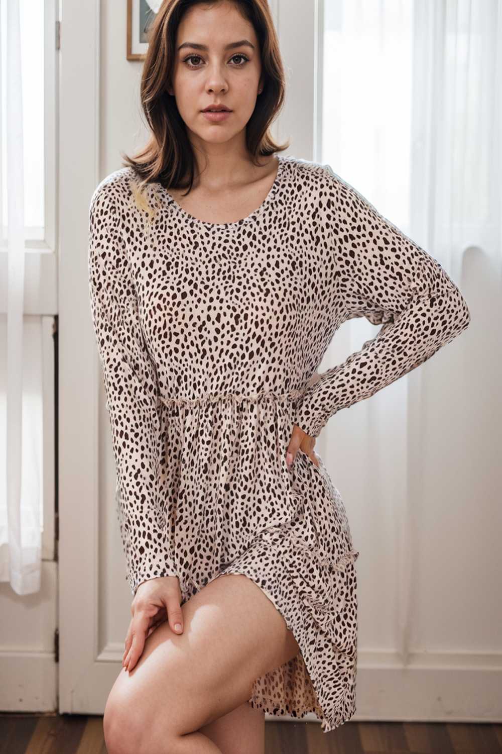 loose leopard print v neck dress drop shoulder a line closed cape paneled 130059
