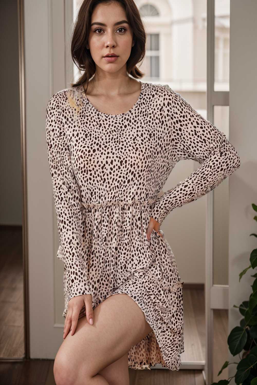 loose leopard print v neck dress drop shoulder a line closed cape paneled 127532