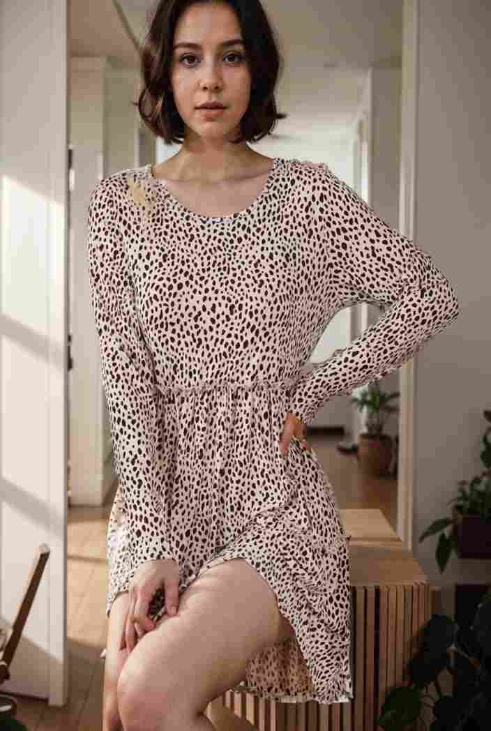 loose leopard print v neck dress drop shoulder a line closed cape paneled 118806