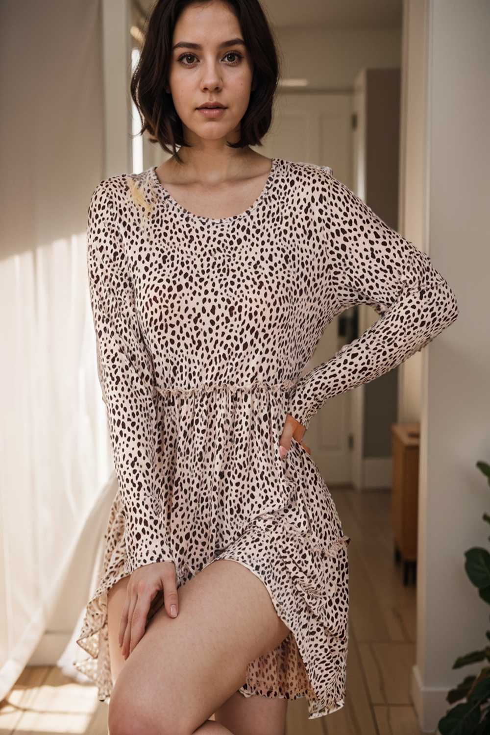loose leopard print v neck dress drop shoulder a line closed cape paneled 133154