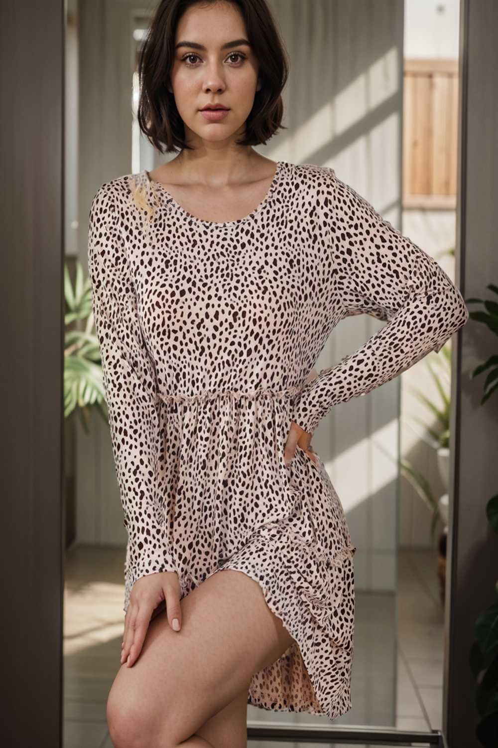loose leopard print v neck dress drop shoulder a line closed cape paneled 127463
