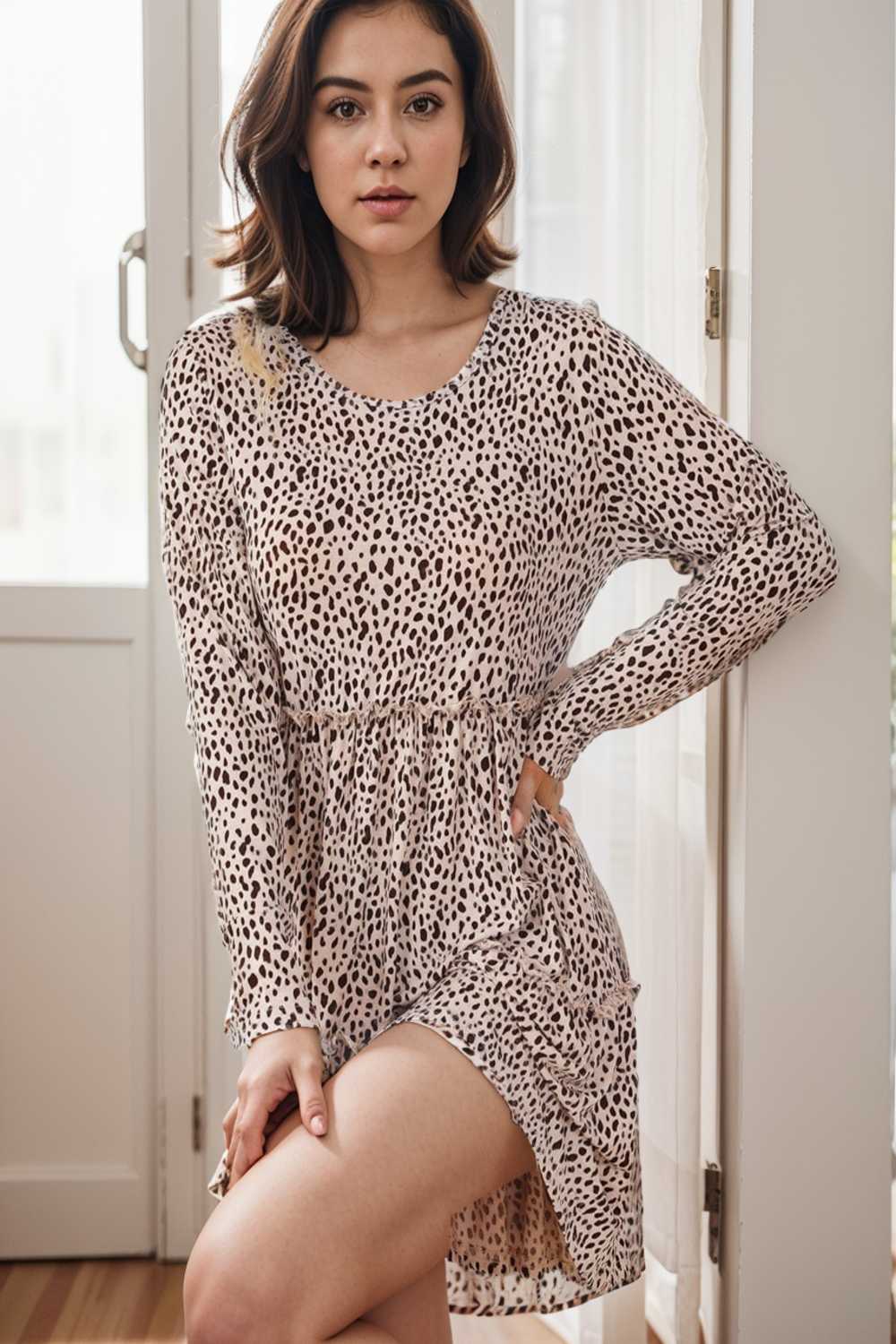 loose leopard print v neck dress drop shoulder a line closed cape paneled 127531