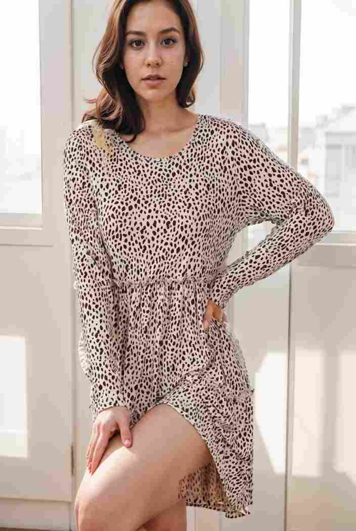 loose leopard print v neck dress drop shoulder a line closed cape paneled 118805