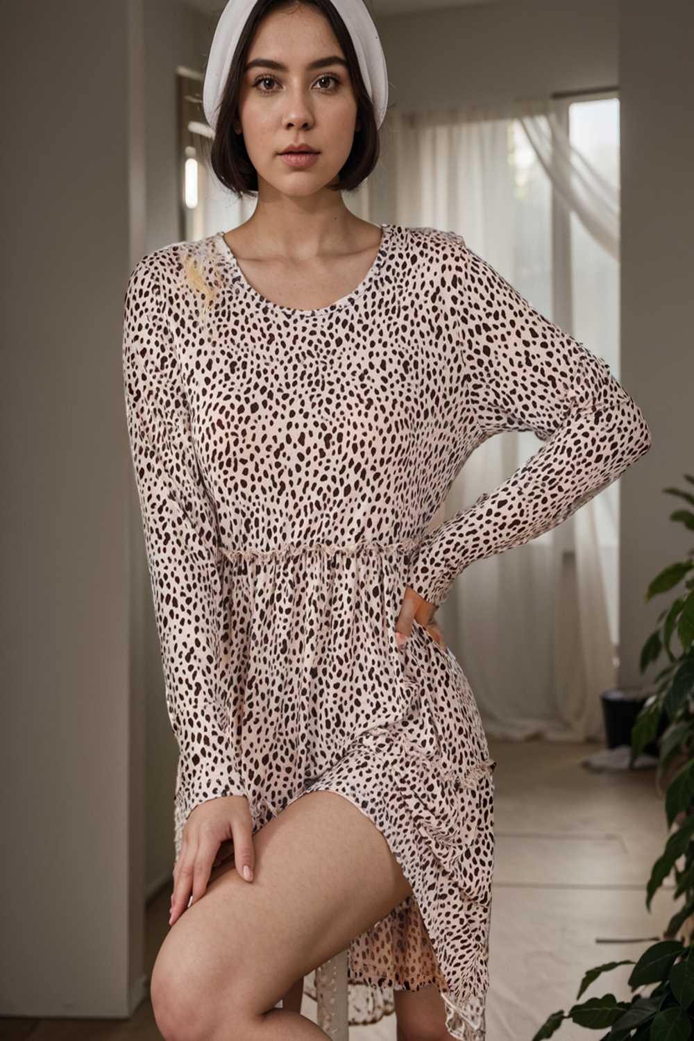 loose leopard print v neck dress drop shoulder a line closed cape paneled 127530