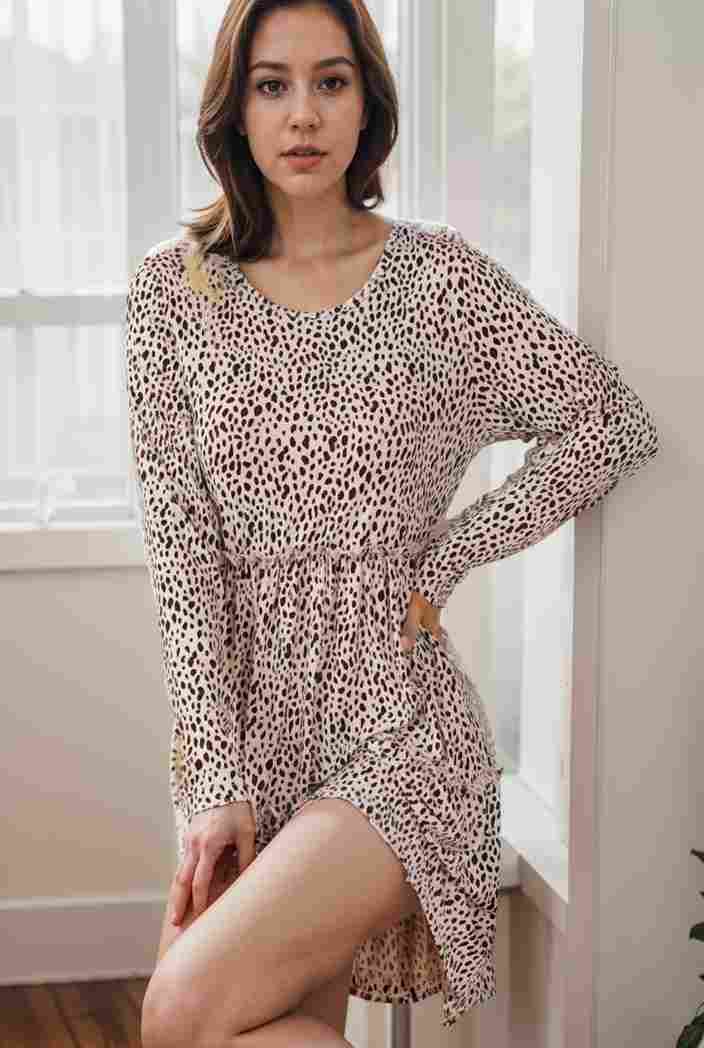 loose leopard print v neck dress drop shoulder a line closed cape paneled 130221