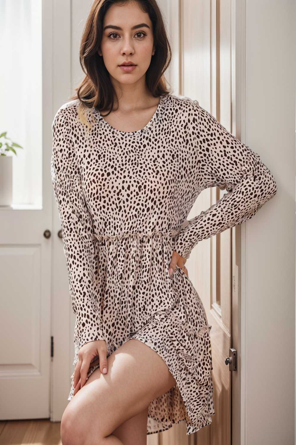loose leopard print v neck dress drop shoulder a line closed cape paneled 127461