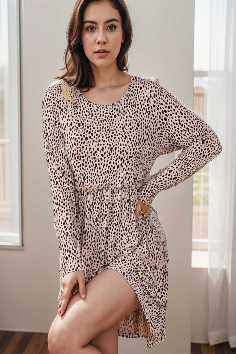 loose leopard print v neck dress drop shoulder a line closed cape paneled 127127
