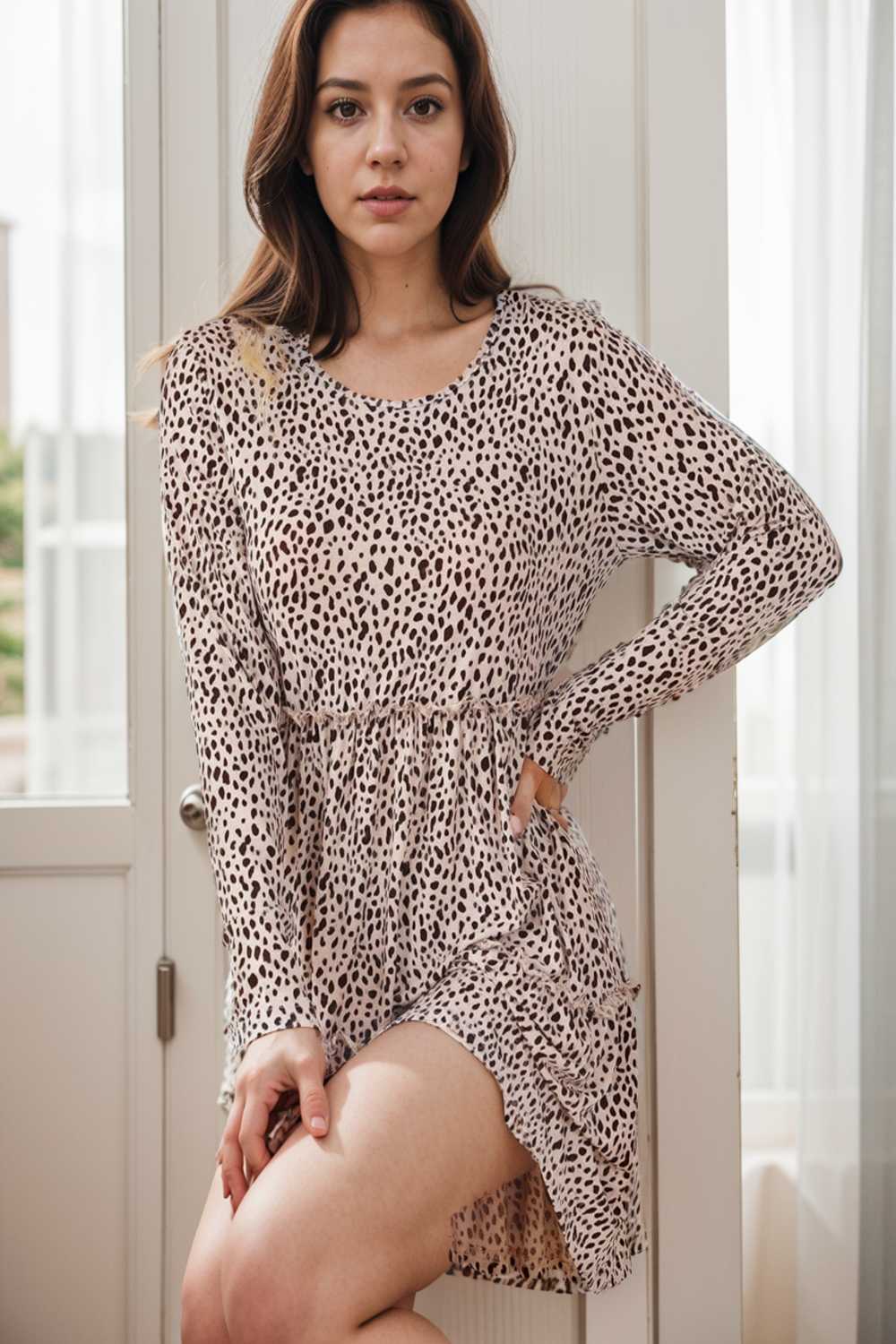 loose leopard print v neck dress drop shoulder a line closed cape paneled 115521