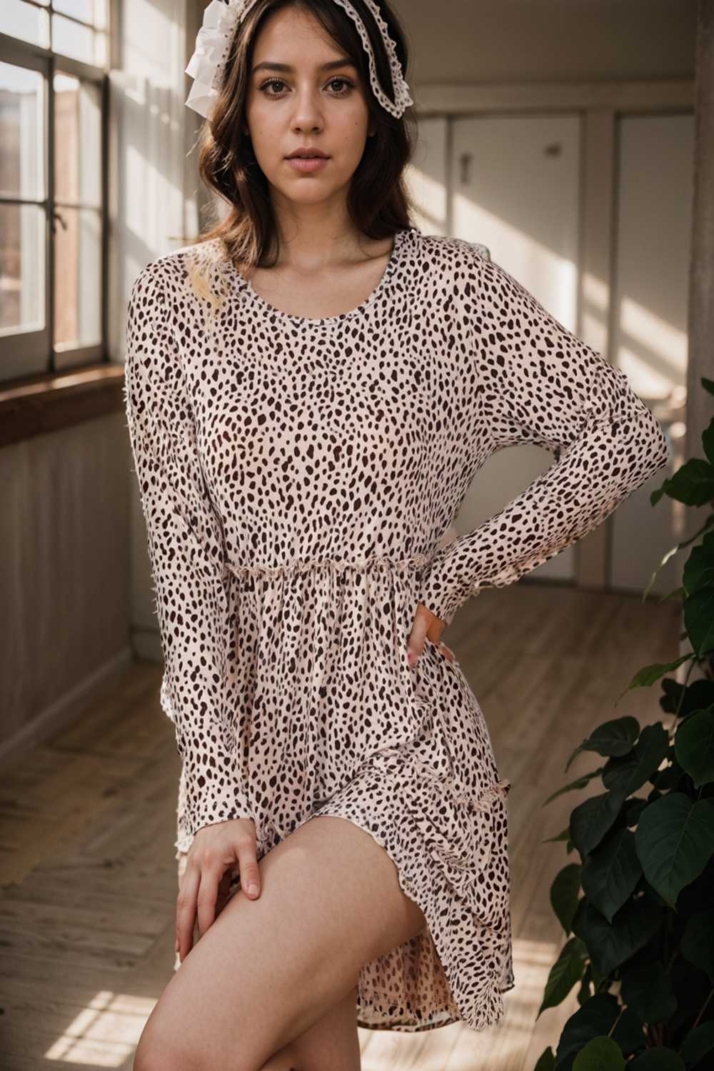 loose leopard print v neck dress drop shoulder a line closed cape paneled 111907