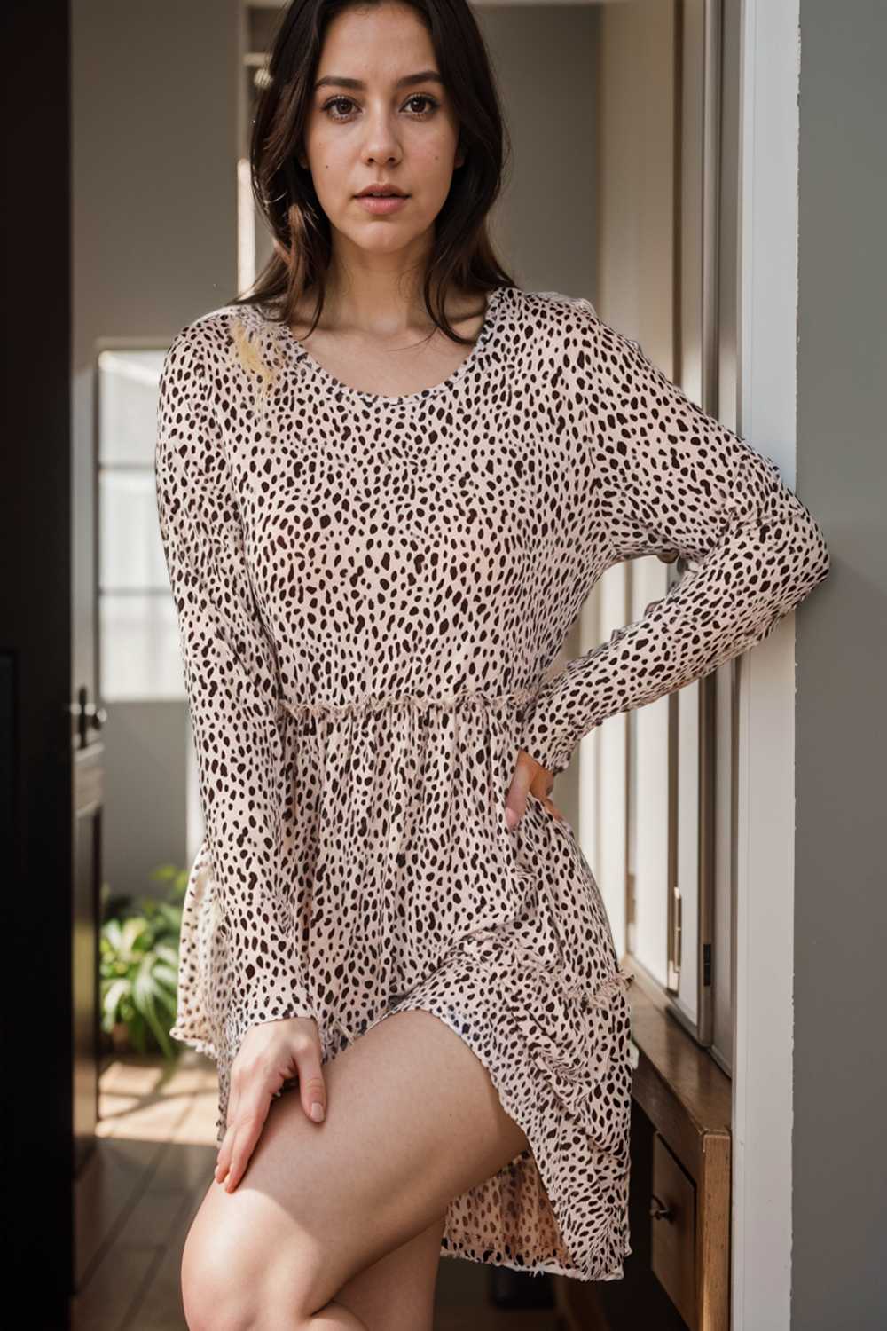 loose leopard print v neck dress drop shoulder a line closed cape paneled 111906