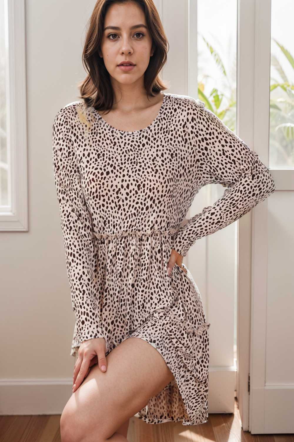 loose leopard print v neck dress drop shoulder a line closed cape paneled 115182
