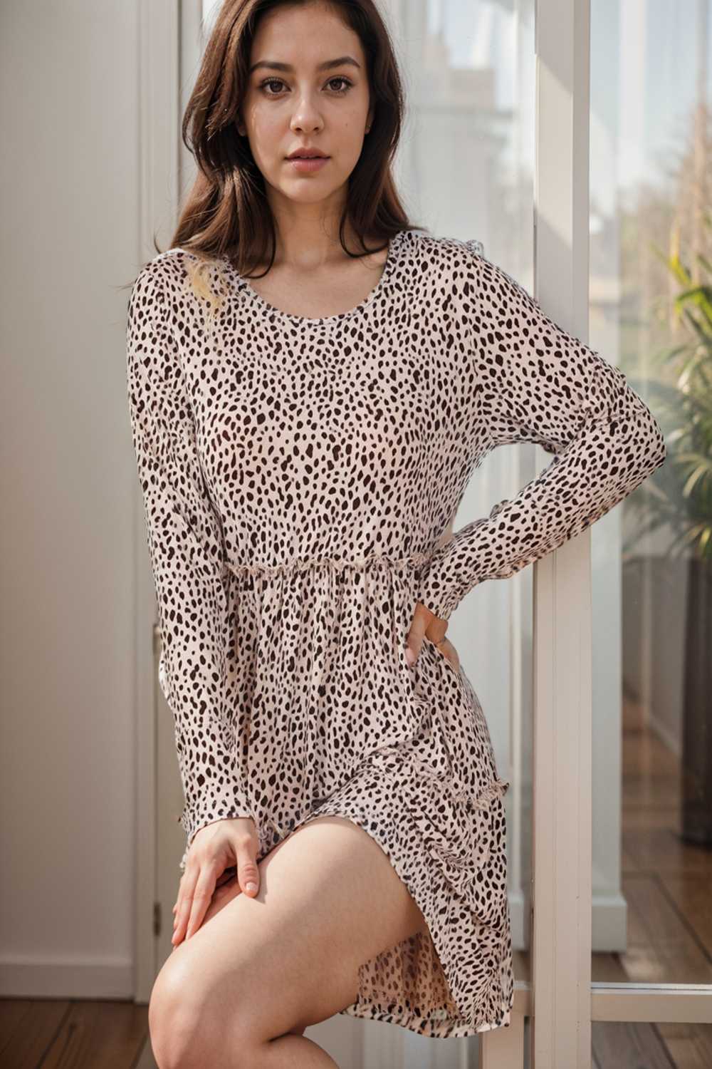 loose leopard print v neck dress drop shoulder a line closed cape paneled 115518