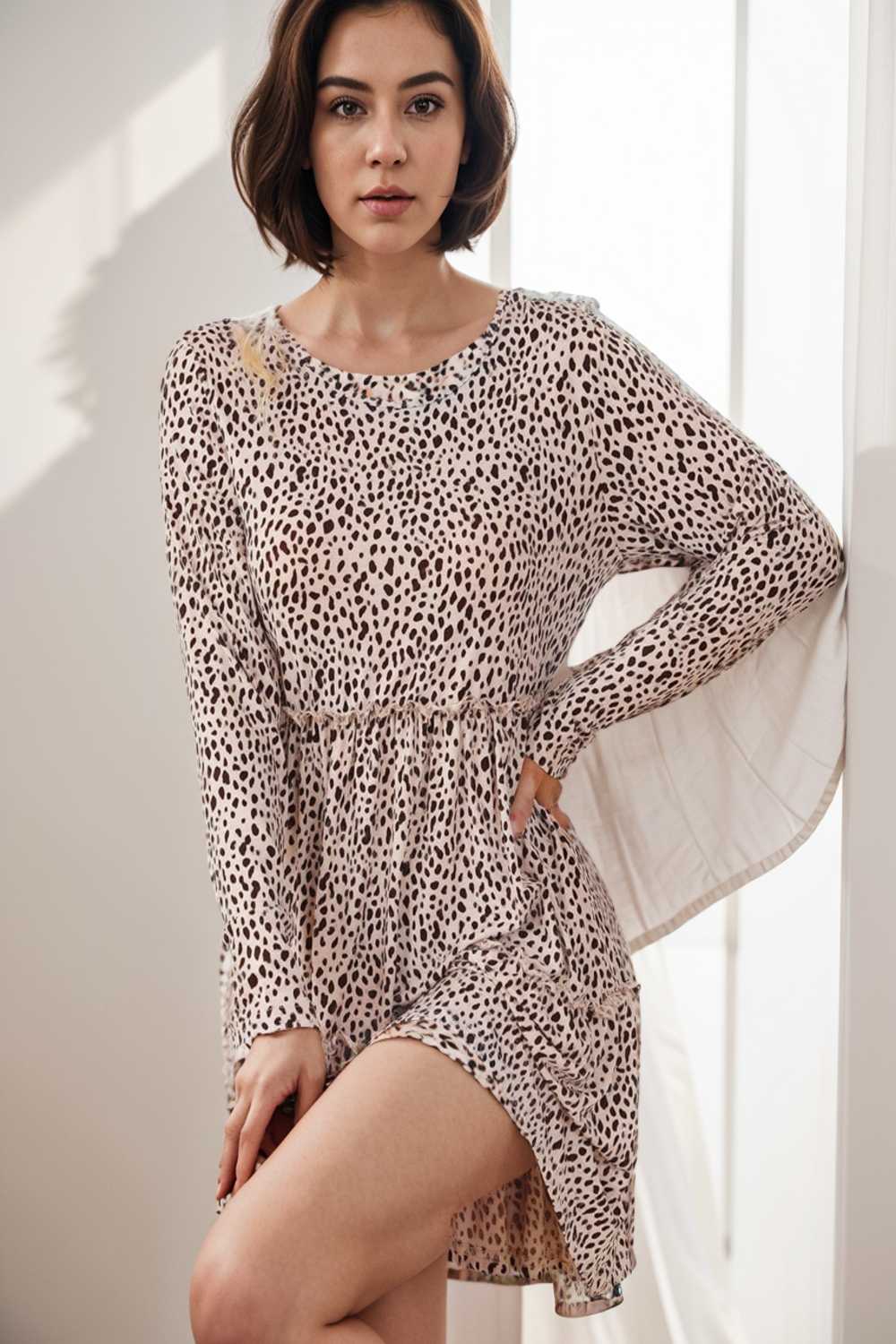 loose leopard print v neck dress drop shoulder a line closed cape paneled 127454