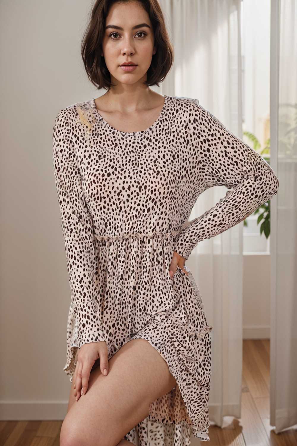 loose leopard print v neck dress drop shoulder a line closed cape paneled 127453