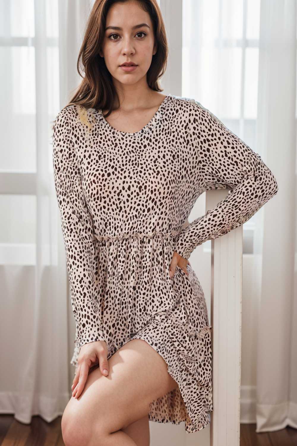 loose leopard print v neck dress drop shoulder a line closed cape paneled 117633