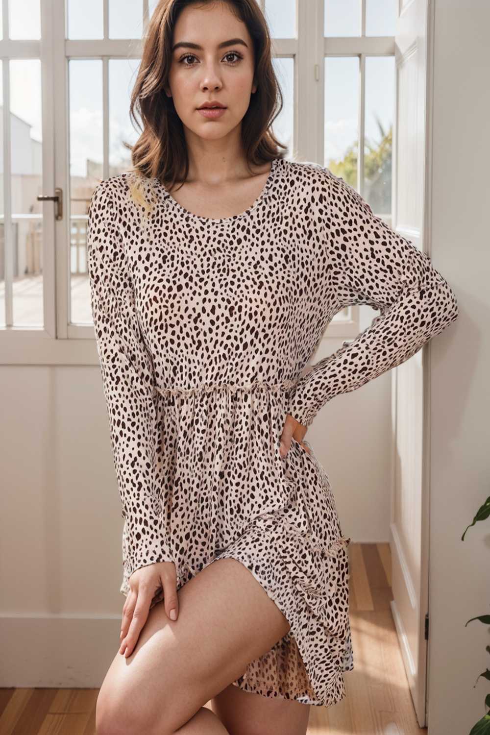 loose leopard print v neck dress drop shoulder a line closed cape paneled 127118