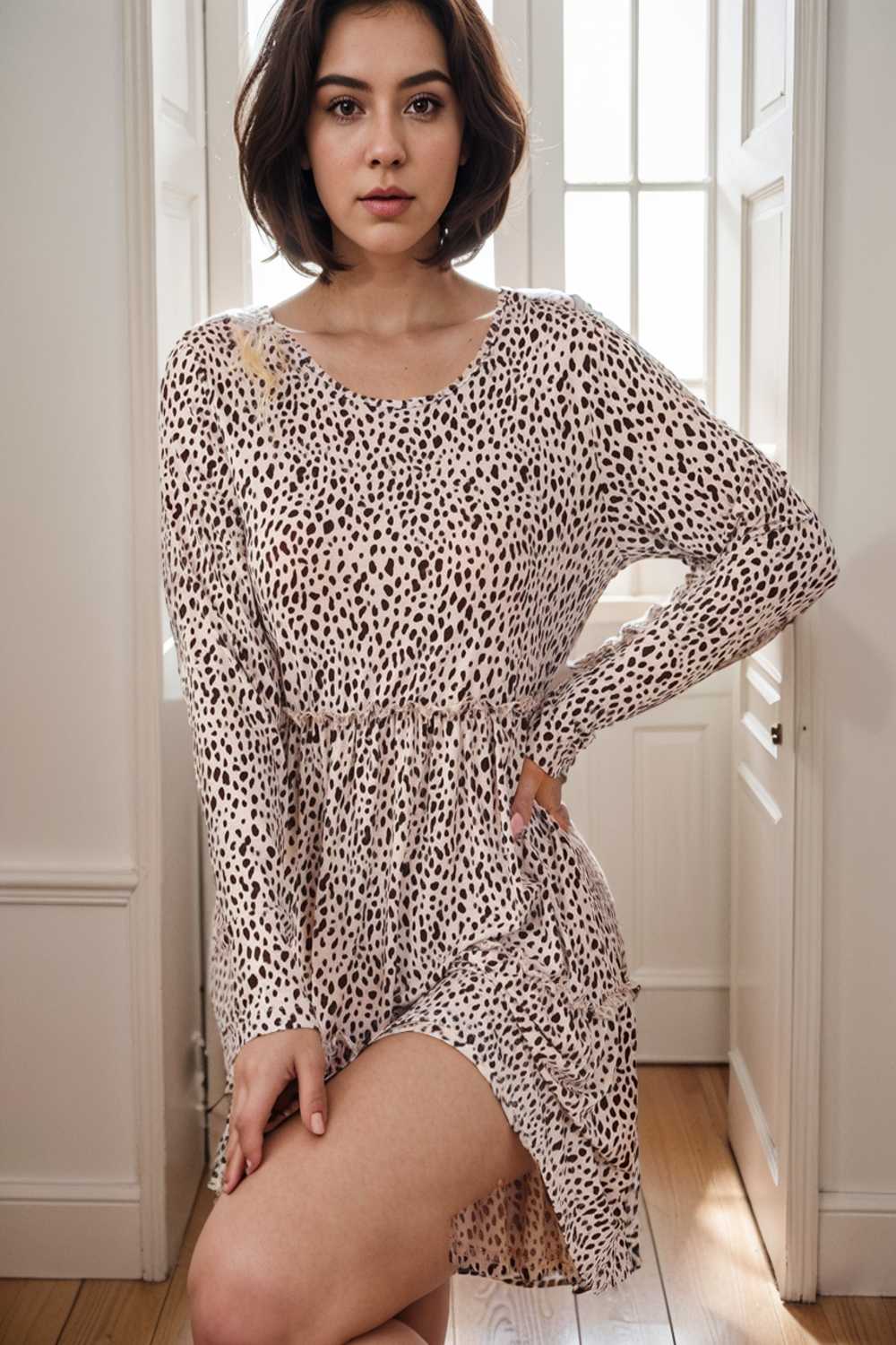 loose leopard print v neck dress drop shoulder a line closed cape paneled 127117
