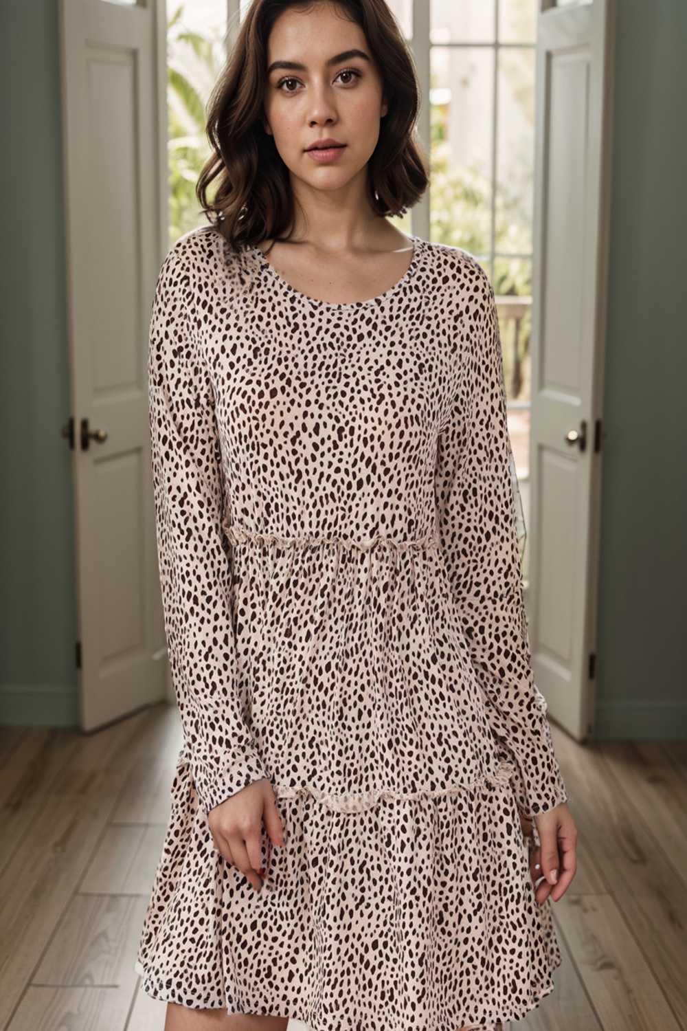 loose leopard print v neck dress drop shoulder a line closed cape paneled 112811