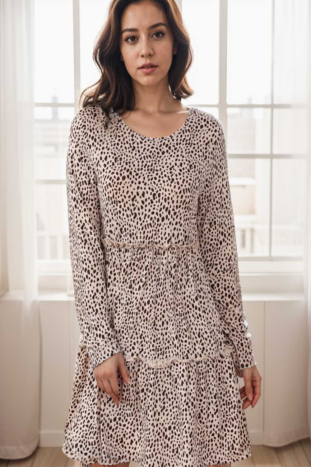 loose leopard print v neck dress drop shoulder a line closed cape paneled 115181
