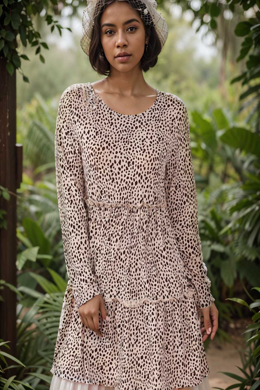 loose leopard print v neck dress drop shoulder a line closed cape paneled 126198