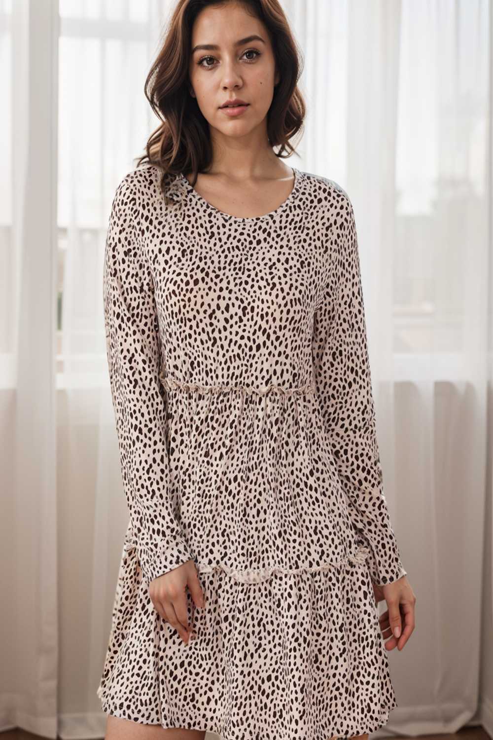 loose leopard print v neck dress drop shoulder a line closed cape paneled 130058