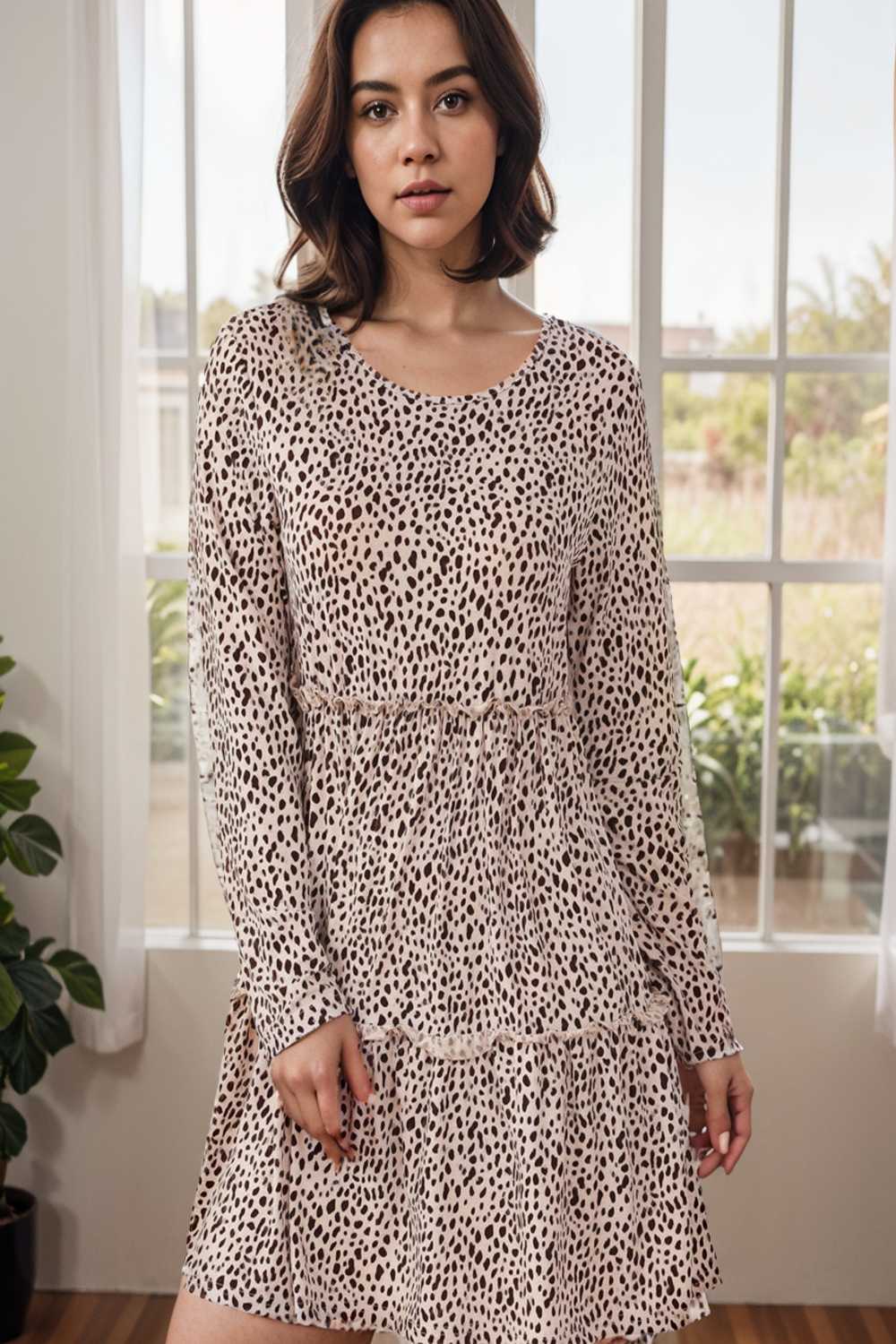 loose leopard print v neck dress drop shoulder a line closed cape paneled 142071