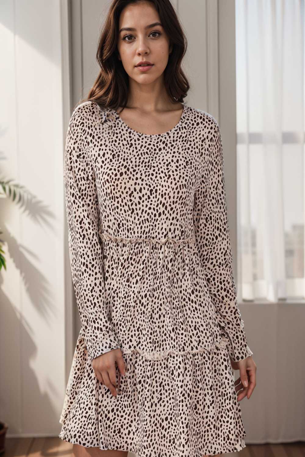 loose leopard print v neck dress drop shoulder a line closed cape paneled 115516