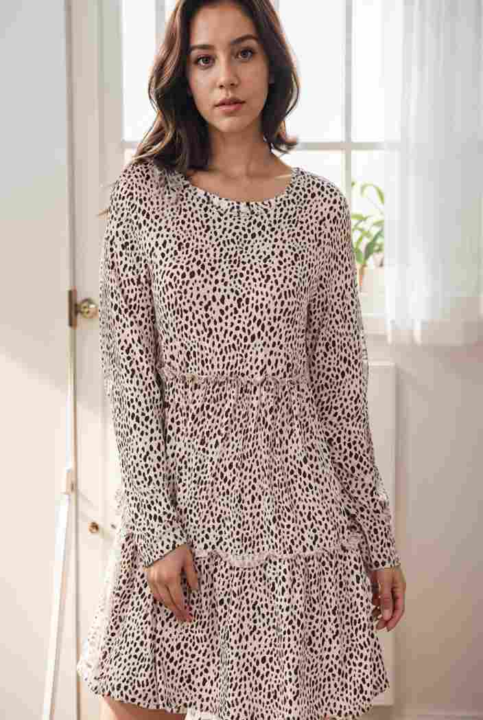 loose leopard print v neck dress drop shoulder a line closed cape paneled 131181