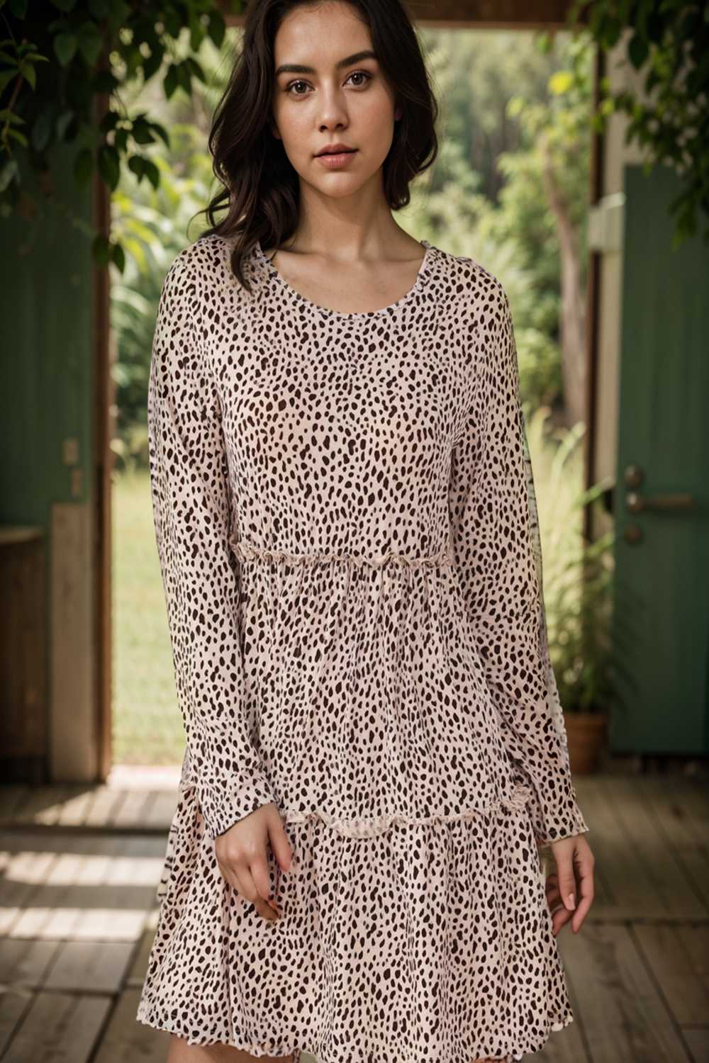 loose leopard print v neck dress drop shoulder a line closed cape paneled 127449