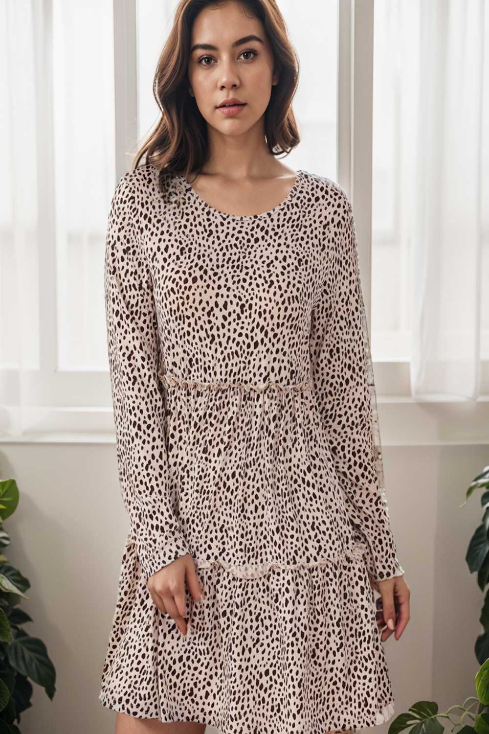 loose leopard print v neck dress drop shoulder a line closed cape paneled 110872