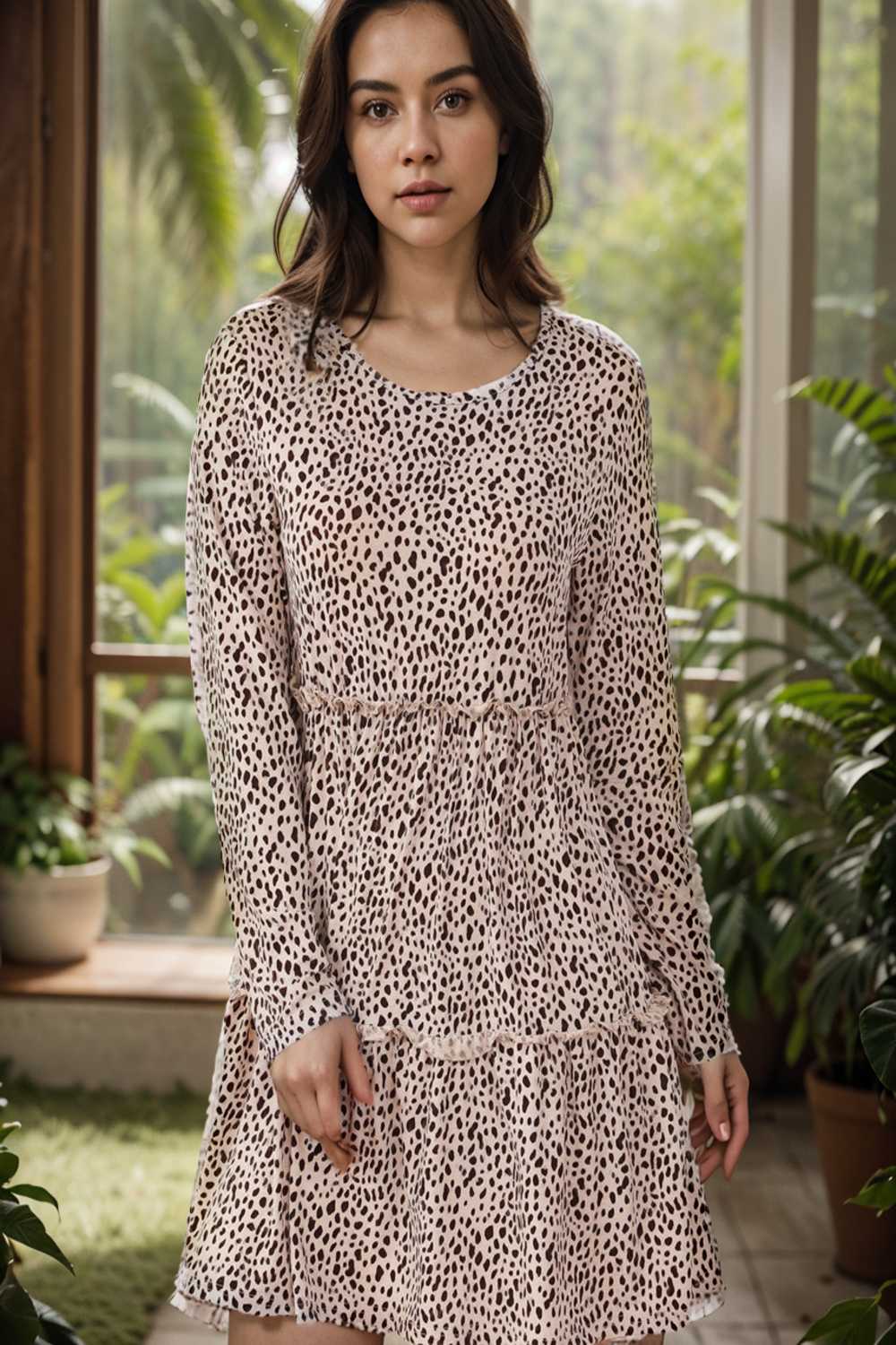 loose leopard print v neck dress drop shoulder a line closed cape paneled 111022