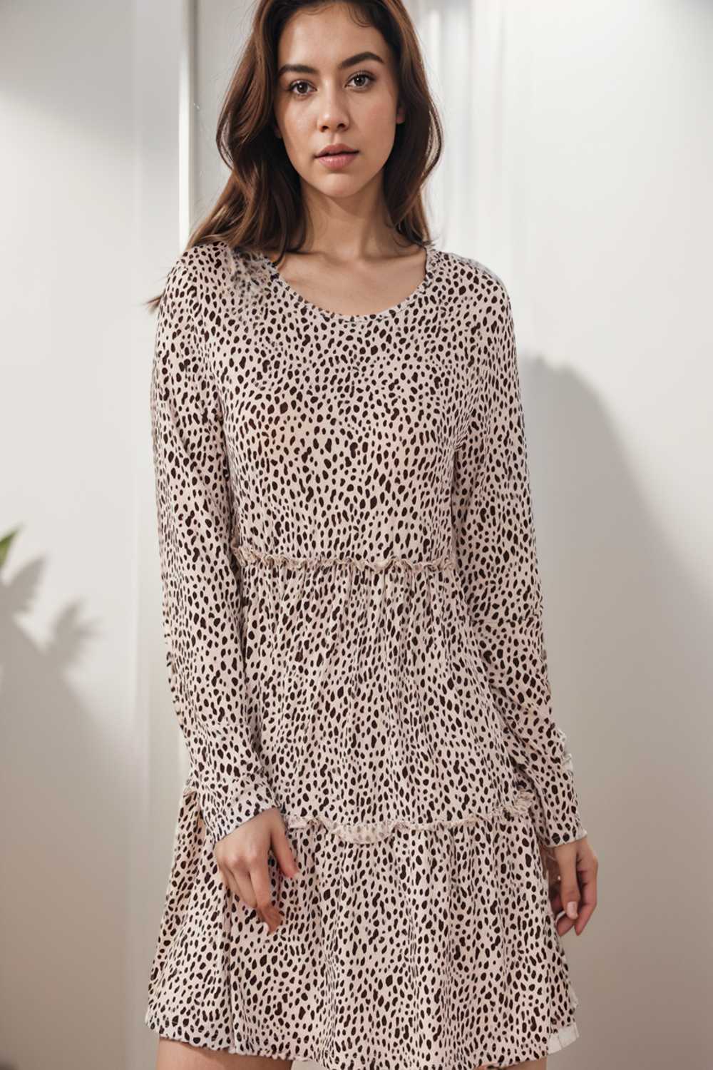 loose leopard print v neck dress drop shoulder a line closed cape paneled 135186
