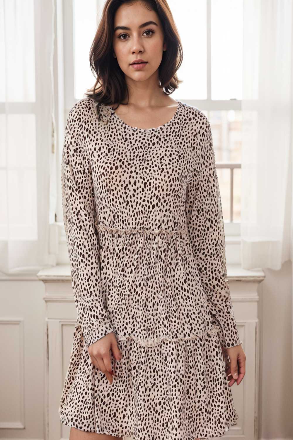 loose leopard print v neck dress drop shoulder a line closed cape paneled 107370
