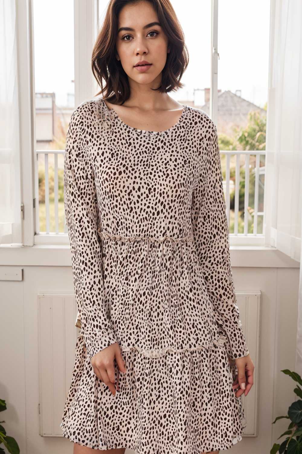 loose leopard print v neck dress drop shoulder a line closed cape paneled 127114