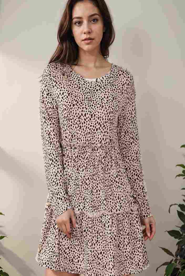 loose leopard print v neck dress drop shoulder a line closed cape paneled 118804