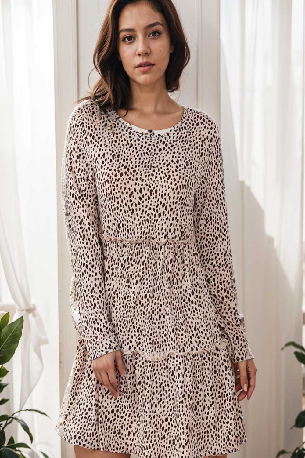loose leopard print v neck dress drop shoulder a line closed cape paneled 129659