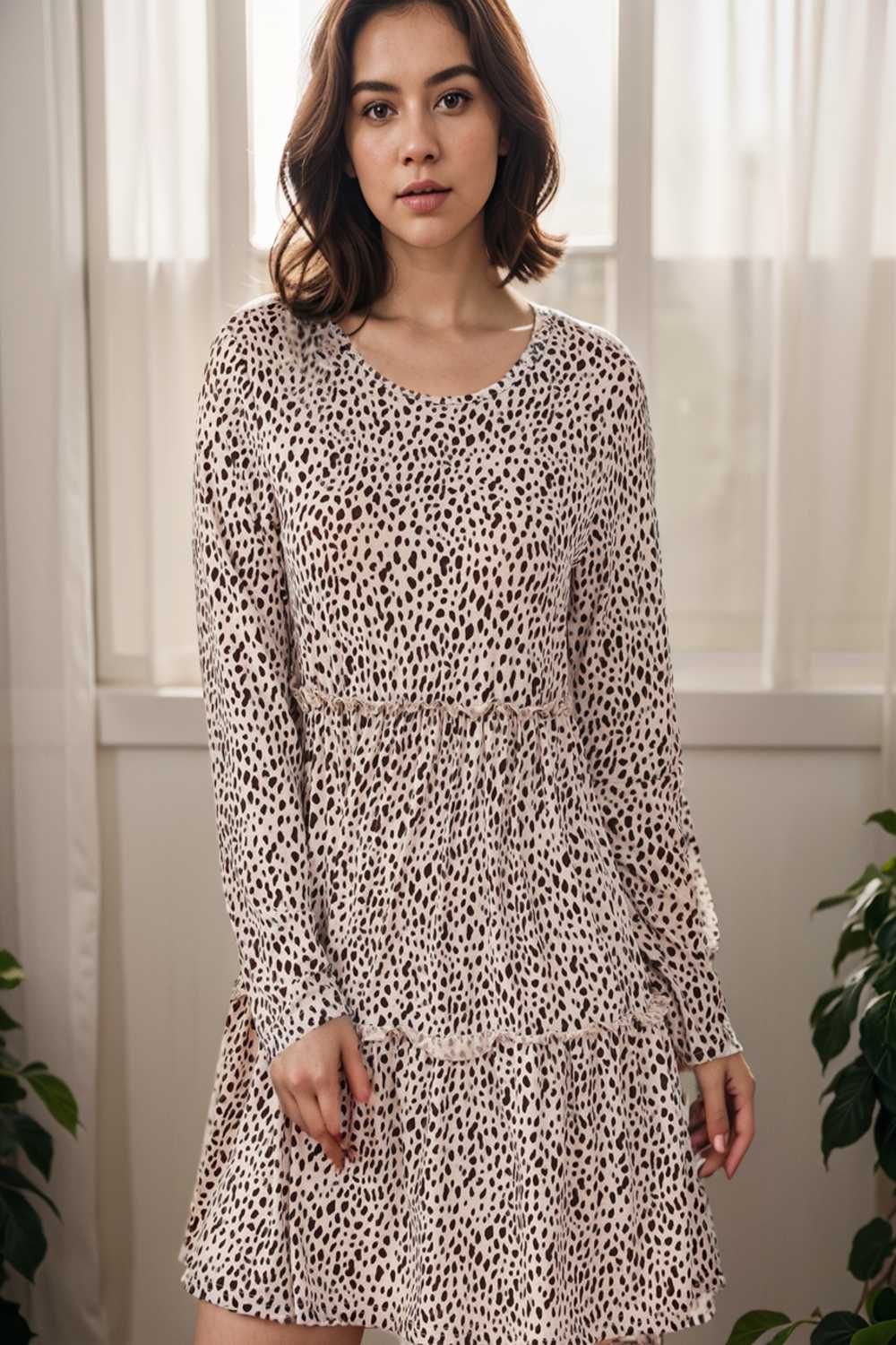 loose leopard print v neck dress drop shoulder a line closed cape paneled 127528
