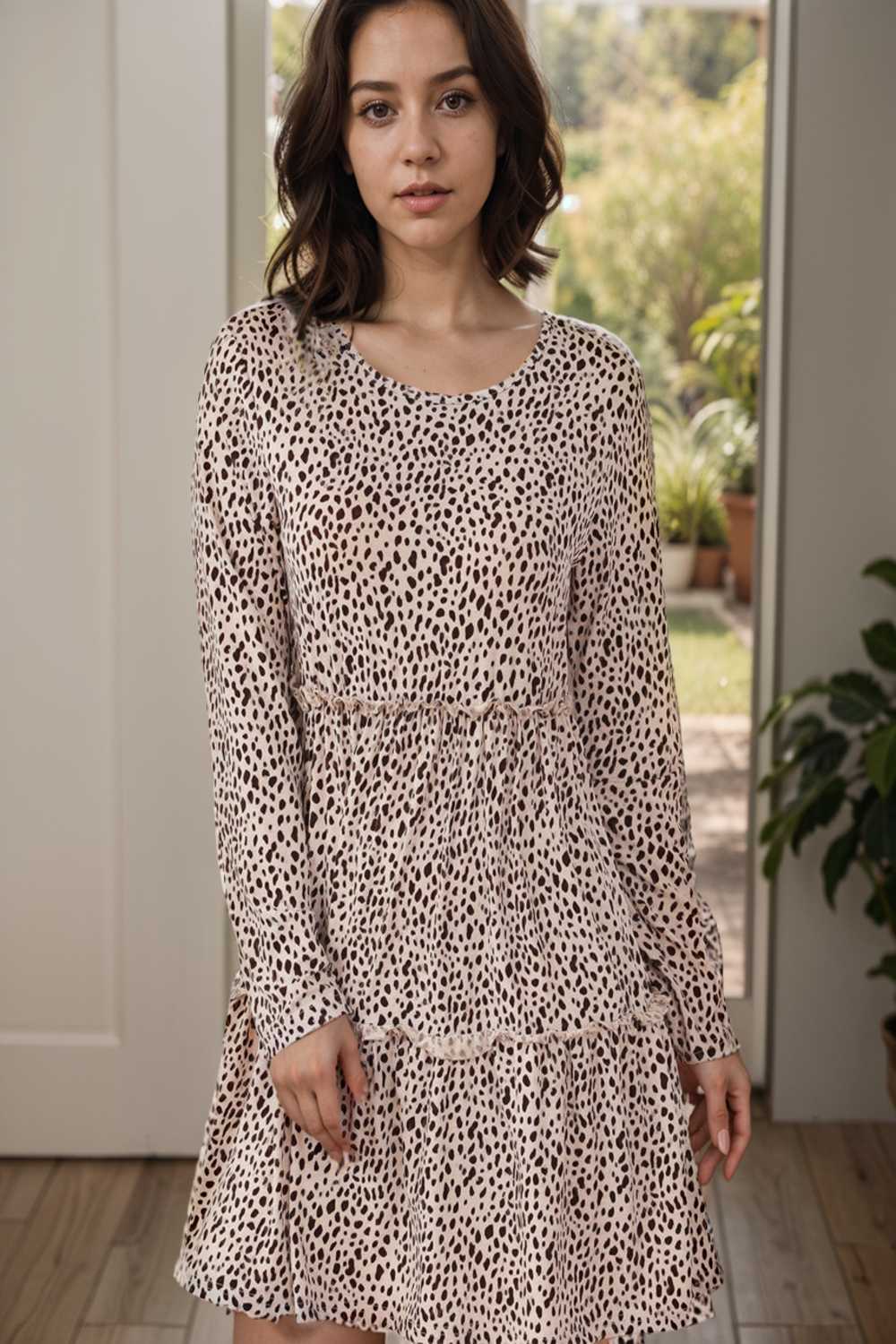 loose leopard print v neck dress drop shoulder a line closed cape paneled 111905