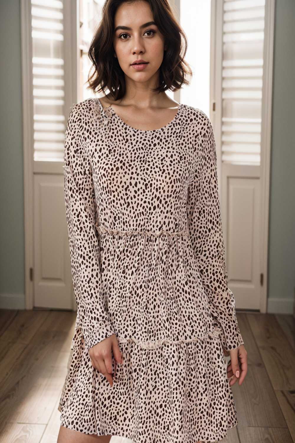 loose leopard print v neck dress drop shoulder a line closed cape paneled 127113