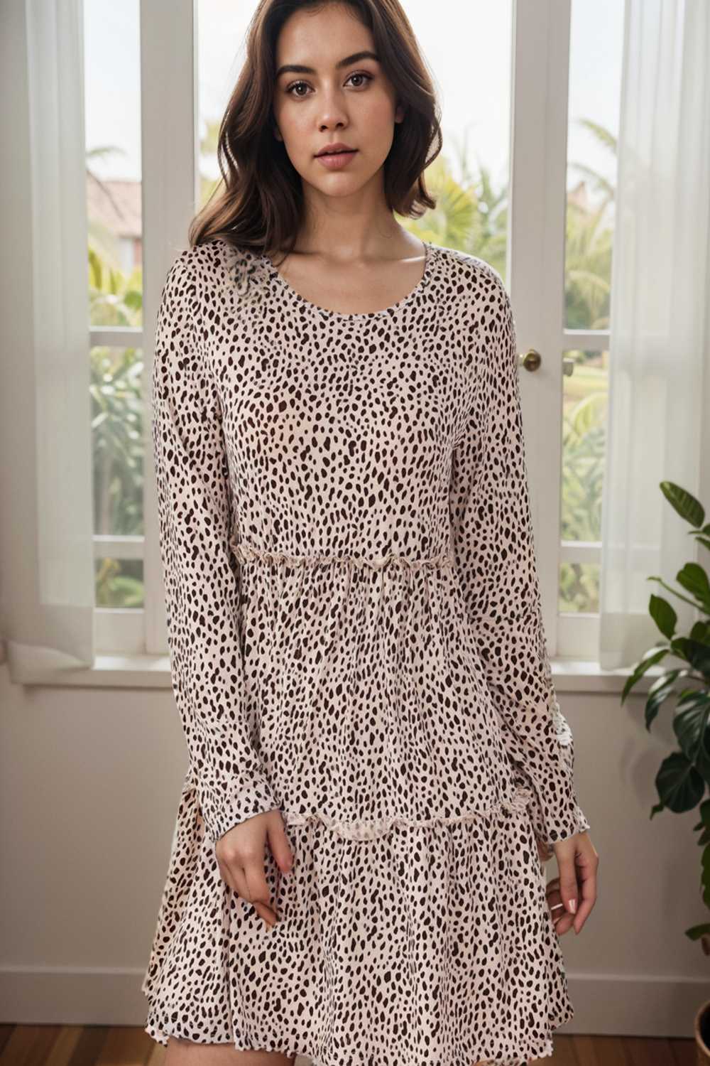 loose leopard print v neck dress drop shoulder a line closed cape paneled 142306