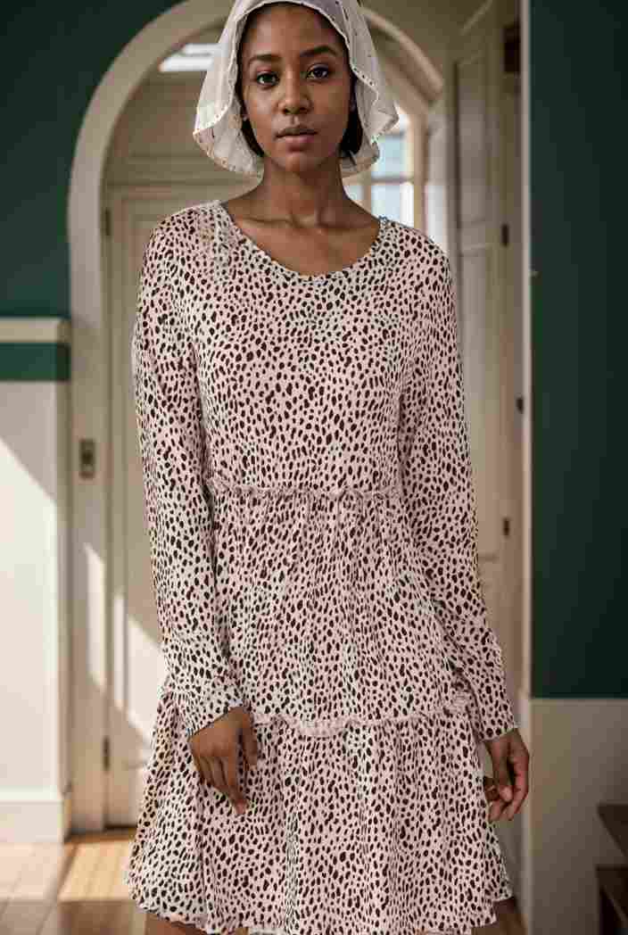 loose leopard print v neck dress drop shoulder a line closed cape paneled 118803