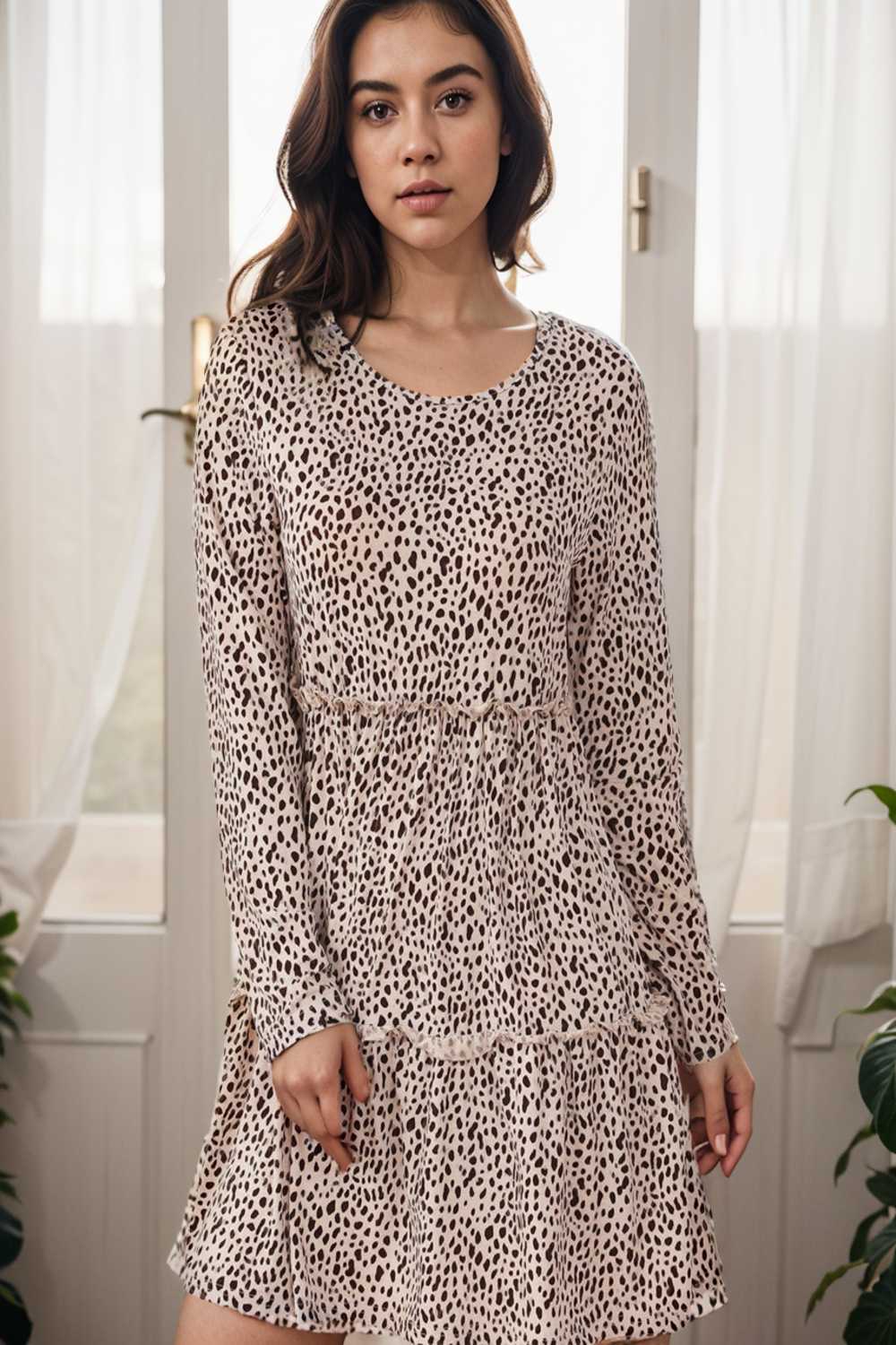 loose leopard print v neck dress drop shoulder a line closed cape paneled 112810